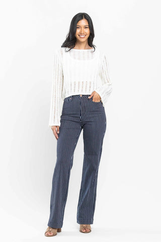 9- Bottoms Denim SALE- Judy Blue Tummy Control Navy Striped Straight Leg Trouser plus size clothing