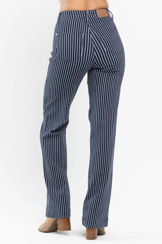 9- Bottoms Denim SALE- Judy Blue Tummy Control Navy Striped Straight Leg Trouser plus size clothing