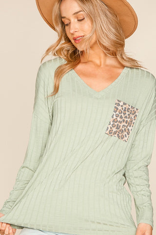 2- Long Sleeve Tops Kaila Ribbed Vneck Long Sleeve w/Animal Print Pocket plus size clothing