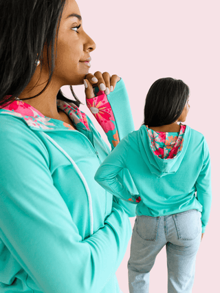 3- Hooded Tops Shayna Floral Accent Half-zip Hoodies (3 colors) plus size clothing