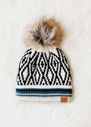 12- Accessories & Gifts ***White, Black, Blue & Tan Patterned Pom Hat plus size clothing