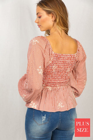 2- Long Sleeve Tops Gina Copper Striped Square Neck Top w/Embroidery plus size clothing