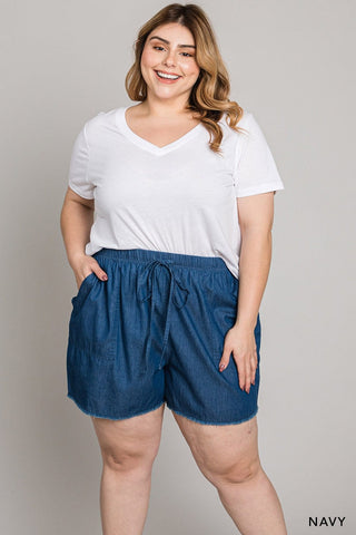 9- Bottoms Denim SALE- Etta Lightweight Frayed Hem Denim Shorts plus size clothing