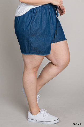 9- Bottoms Denim SALE- Etta Lightweight Frayed Hem Denim Shorts plus size clothing