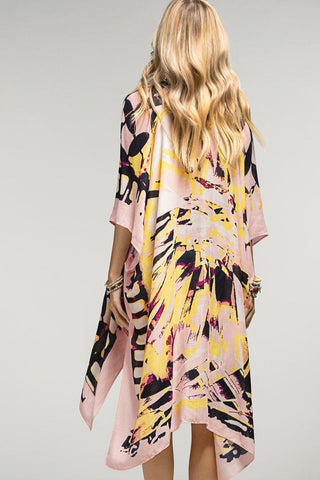 4- Overlayer Tops Rachelle Abstract Floral + Geometric Kimono in Pink + Yellow plus size clothing