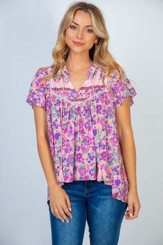 1- ShortSlv/Slvless Tops Bohemia Vneck Floral Top w/Tassels + Lace (2 colors)