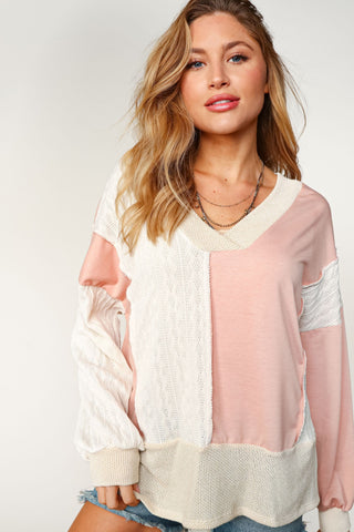 2- Long Sleeve Tops Samira Mixed Vneck Pullover in Pink Neutrals plus size clothing