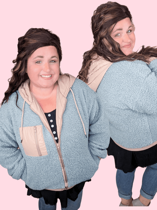 4- Overlayer Tops Blakely Sherpa Lightweight Hooded Jacket in Soft Blue + Taupe plus size clothing