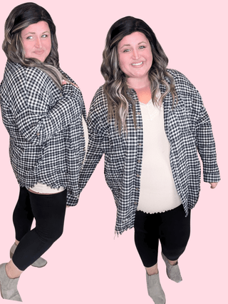 2- Long Sleeve Tops Adley Fringe Bottom Lightweight Buttondown in Taupe + Black Gingham plus size clothing