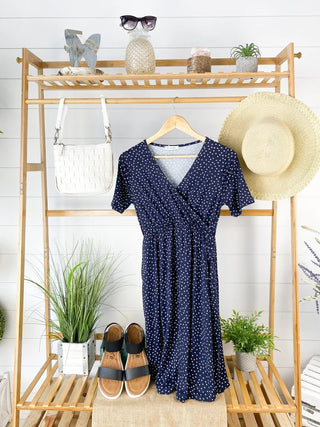 11- Dress/Romp/Jump Allison Faux-Wrap Short Sleeve Dress in Navy Polkadot plus size clothing