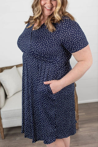 11- Dress/Romp/Jump Allison Faux-Wrap Short Sleeve Dress in Navy Polkadot plus size clothing