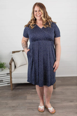 11- Dress/Romp/Jump Allison Faux-Wrap Short Sleeve Dress in Navy Polkadot plus size clothing