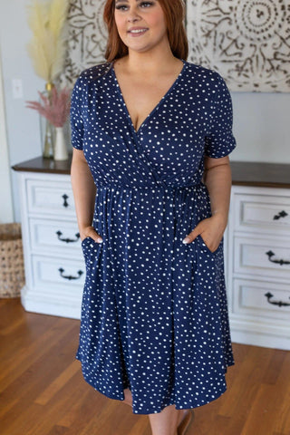 11- Dress/Romp/Jump Allison Faux-Wrap Short Sleeve Dress in Navy Polkadot plus size clothing