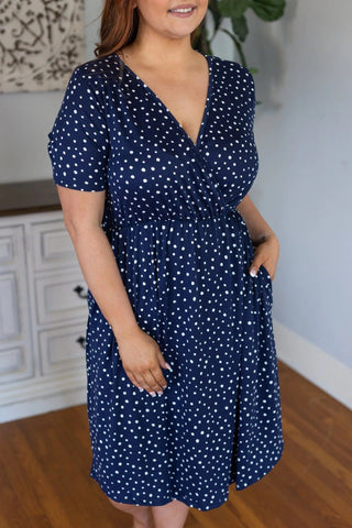 11- Dress/Romp/Jump Allison Faux-Wrap Short Sleeve Dress in Navy Polkadot plus size clothing