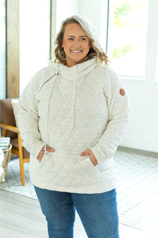 3- Hooded Tops PHC- Quilted Asymmetrical Zip Hoodie in Oatmeal plus size clothing