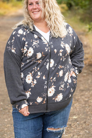 3- Hooded Tops PHC- Ramona Ribbed Full Zip Hoodie in Neutral Florals plus size clothing