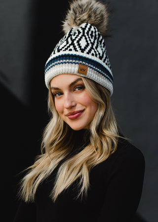 12- Accessories & Gifts ***White, Black, Blue & Tan Patterned Pom Hat plus size clothing