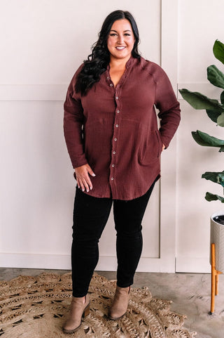 2- Long Sleeve Tops Payton Button Front Gauze Top In Berry Raisin plus size clothing