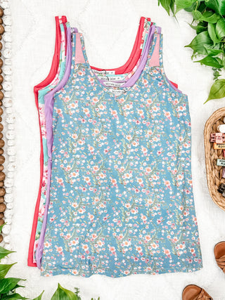 Alora Floral Scoop Tank w/Solid Shoulder Accent