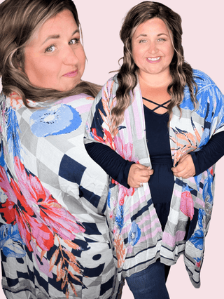 KIMONO Zinnia Floral + Checkerboard Mix Kimono in Gray, Navy + Color plus size clothing