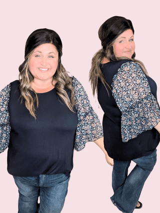 1- ShortSlv/Slvless Tops Meryl Floral Wide Sleeve Top in Navy plus size clothing