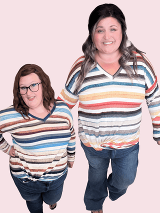 2- Long Sleeve Tops Kara Watercolor Stripe Lightweight Long Sleeve w/Twist Detail plus size clothing