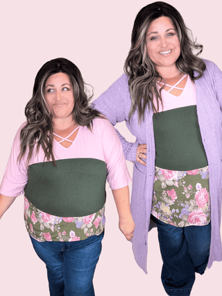 2- Long Sleeve Tops Pauleen Strappy Tiered 3/4 Sleeve in Pink + Olive Floral Colorblock plus size clothing