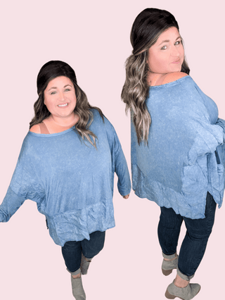 2- Long Sleeve Tops Elizabeth Slouchy Boatneck Top w/Pockets in Mineral Denim Blue plus size clothing