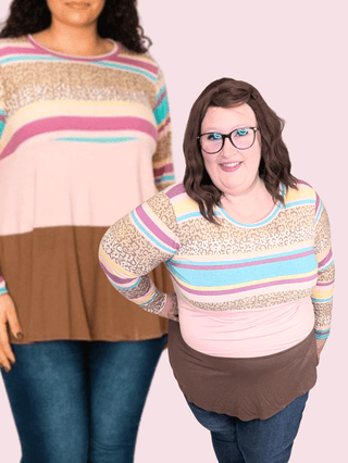 2- Long Sleeve Tops Brynnlee Tiered Lightweight Long Sleeve in Stripe Leo Mix plus size clothing