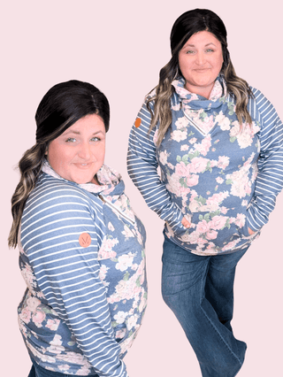 3- Hooded Tops PHC- Charcoal Navy Floral Zipcowl Pullover plus size clothing