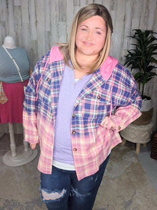 Ava Dip Dyed Lightweight Plaid Hooded Flannel Top