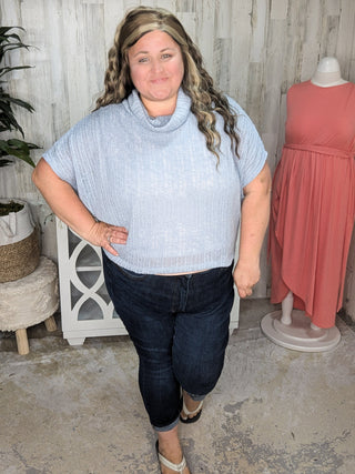 1- ShortSlv/Slvless Tops SALE- Casey Light + Airy Cowlneck Short Sleeve Top in Powder Blue plus size clothing