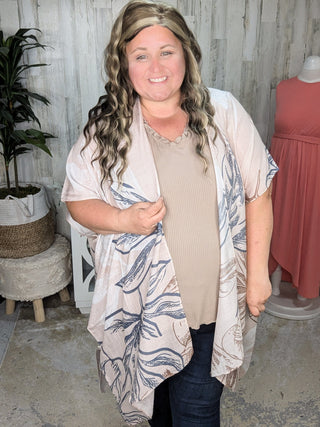 4- Overlayer Tops Lettie Flowy Sketched Floral Kimono in Beige + Denim Blue plus size clothing