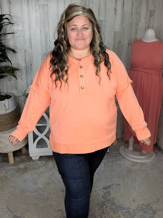 2- Long Sleeve Tops SALE- Kyla Buttonfront Oversized Henley Pullover in Sunset Orange plus size clothing