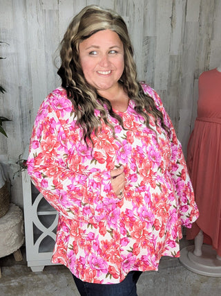 2- Long Sleeve Tops SALE- Fiora Kimono Style Top w/Tie Back in Pink Flower Girl