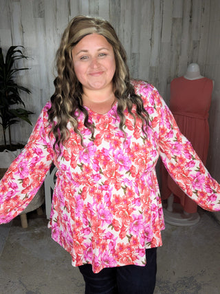 2- Long Sleeve Tops SALE- Fiora Kimono Style Top w/Tie Back in Pink Flower Girl plus size clothing