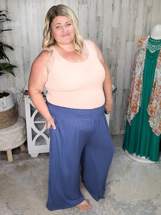 10- Bottoms Non-Denim Iris Wide Leg Pant w/Smocked Waist in Denim Blue plus size clothing