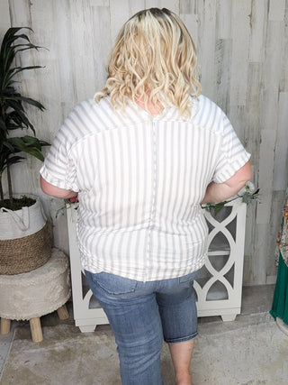 1- ShortSlv/Slvless Tops Ryan Vneck Dolman Flowy Top in White + Navy Dotted Stripes plus size clothing