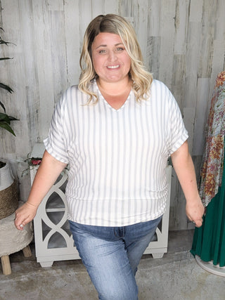 1- ShortSlv/Slvless Tops Ryan Vneck Dolman Flowy Top in White + Navy Dotted Stripes plus size clothing