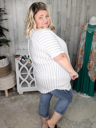 1- ShortSlv/Slvless Tops Ryan Vneck Dolman Flowy Top in White + Navy Dotted Stripes plus size clothing