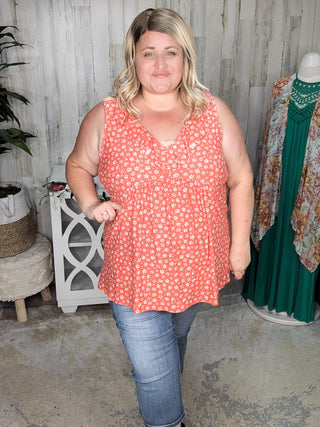 1- ShortSlv/Slvless Tops Lindsay Ruffle Detail Tank in Dark Coral Floral plus size clothing