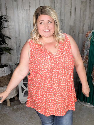 1- ShortSlv/Slvless Tops Lindsay Ruffle Detail Tank in Dark Coral Floral plus size clothing