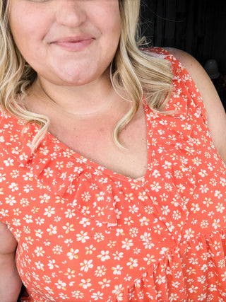 Lindsay Ruffle Detail Tank in Dark Coral Floral