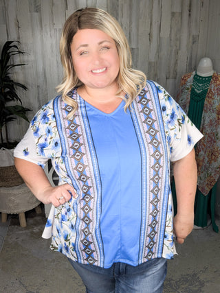 1- ShortSlv/Slvless Tops Aubrielle Handkerchief Hem Tee in Blue Floral plus size clothing