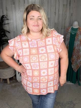 1- ShortSlv/Slvless Tops Daisy Flutter Sleeve Top in Granny Square Print (2 colors) plus size clothing