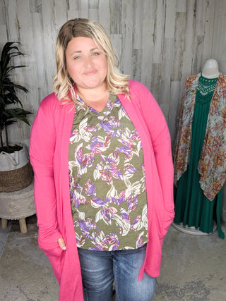 Lenora Slouchy Dolman Top in Olive, Pink + Purple Botanicals
