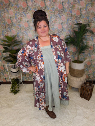 4- Overlayer Tops Cherise Flowy Sleeve Kimono in Eggplant Floral plus size clothing