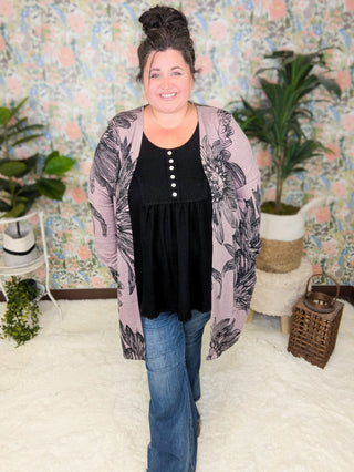 4- Overlayer Tops Marianna Sketched Floral Cardigan in Dark Mauve + Black plus size clothing