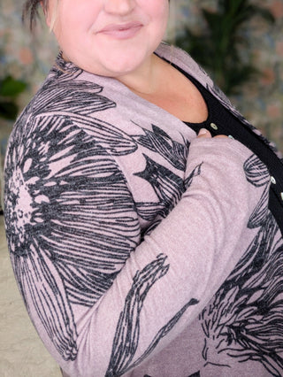 4- Overlayer Tops Marianna Sketched Floral Cardigan in Dark Mauve + Black plus size clothing