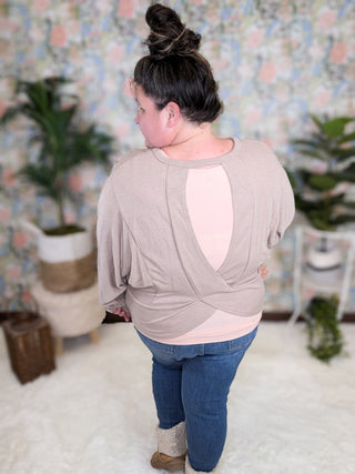 2- Long Sleeve Tops Kiara Crossover Back Top in Taupe Oatmeal plus size clothing